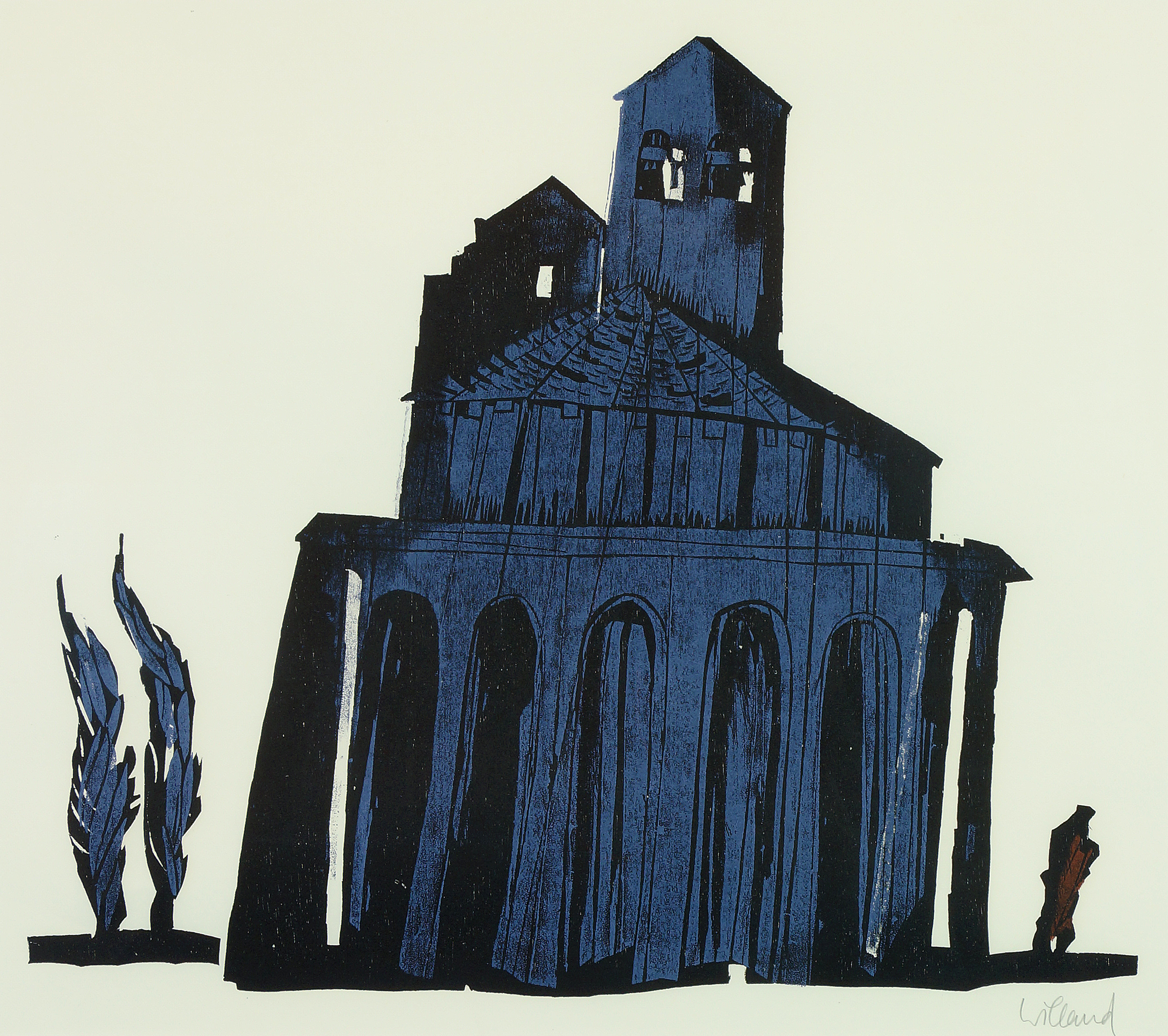 Detlef Willand (f. 1935; tysk): Kirken i Eunate, Spania (ant. 1988), fargetresnitt