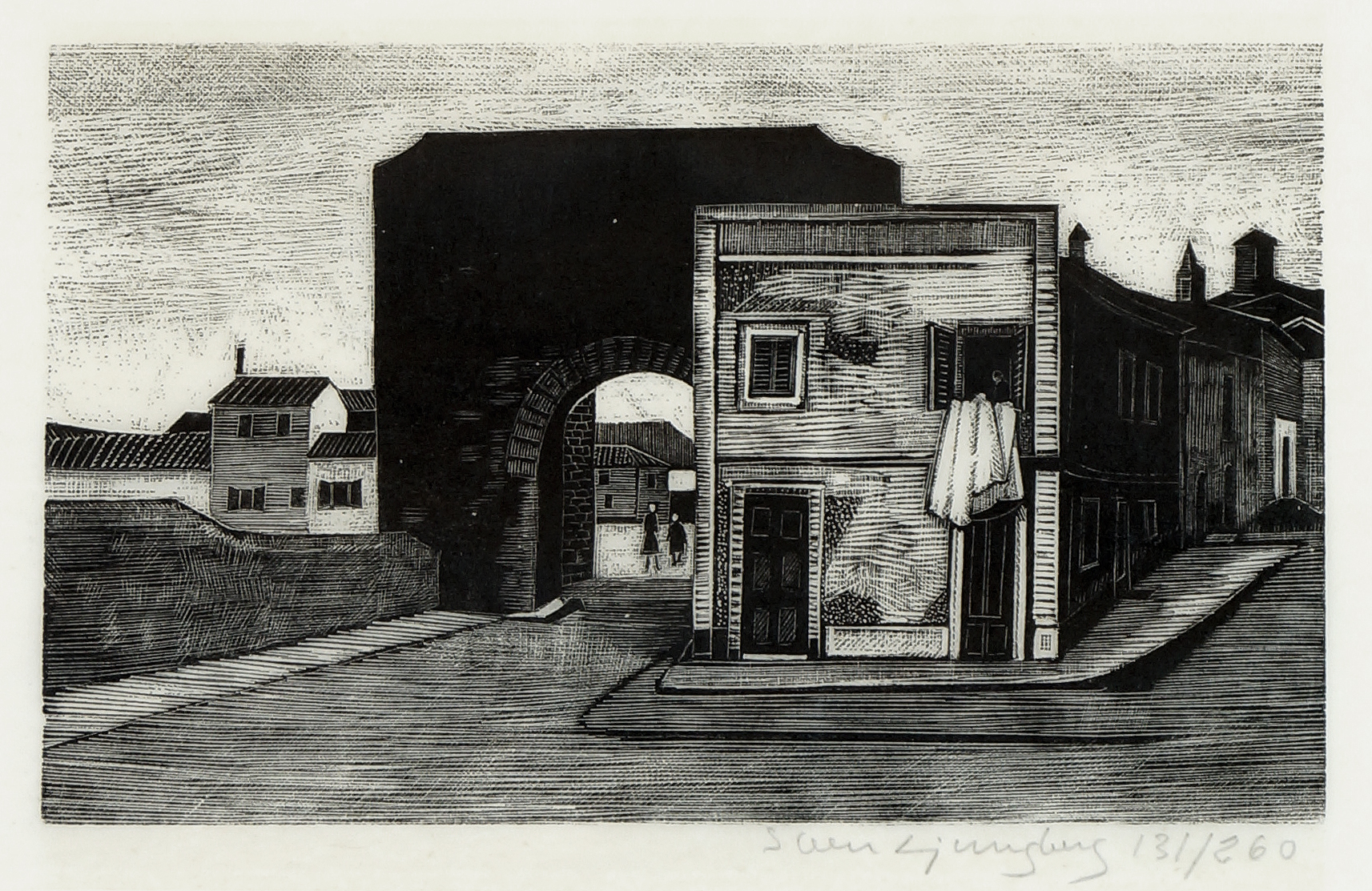 Sven Ljungberg (1913-2010; svensk): Hus med byport, (1950-1960), trestikk