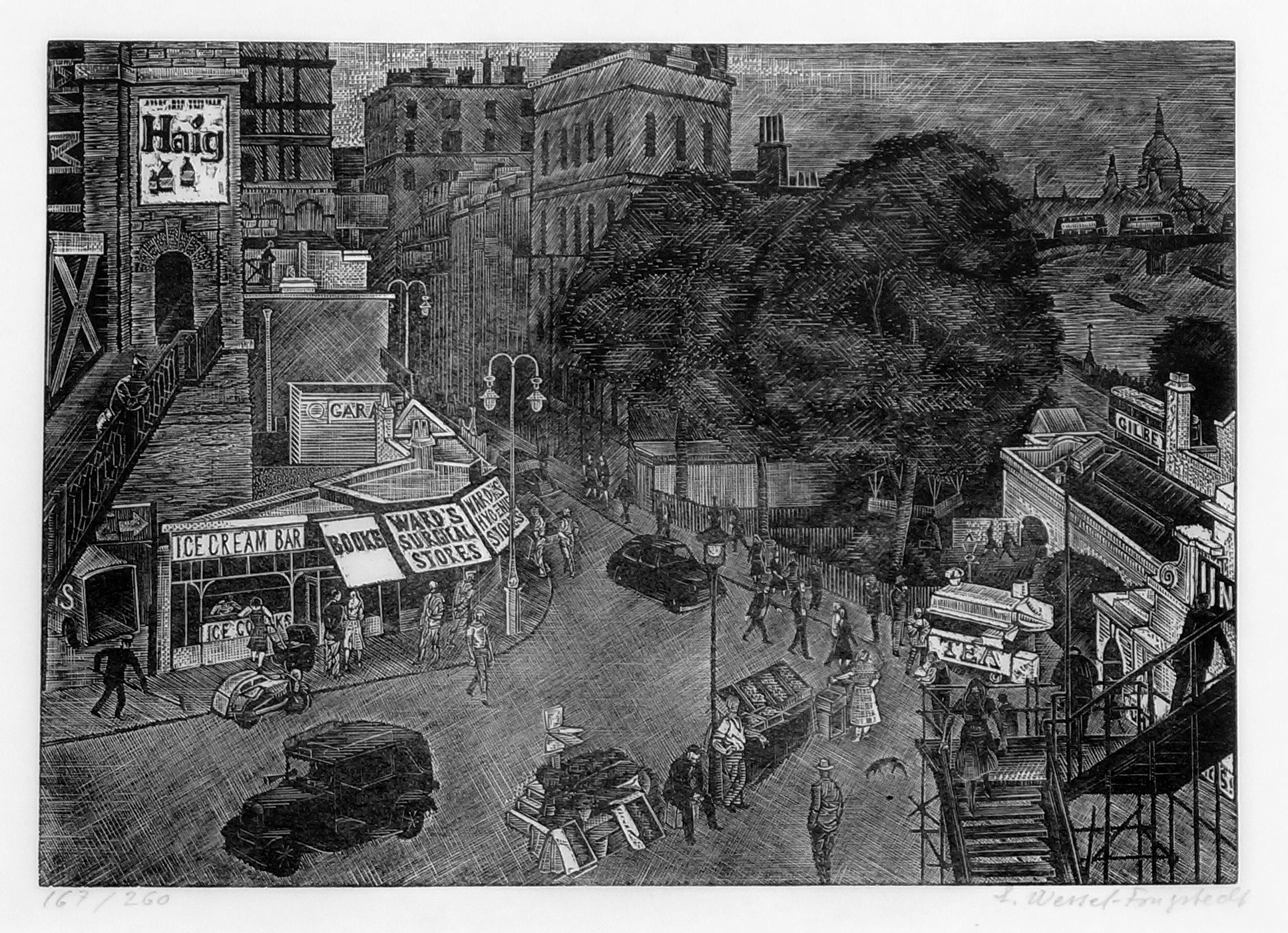 Erik Wessel-Fougstedt (1915-1990; svensk): Gatemotiv, London, (1960), trestikk