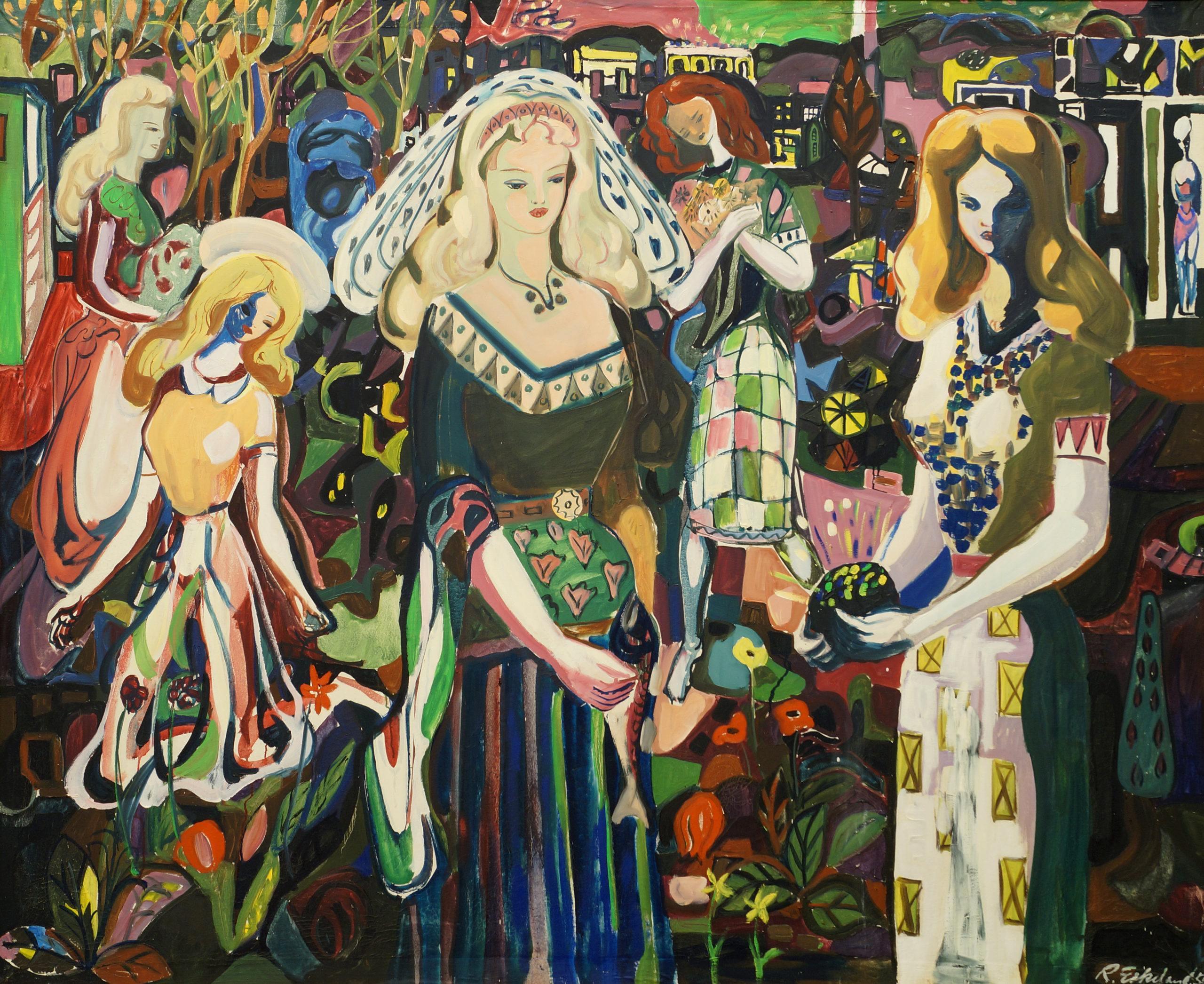 Fem kvinner, 1954, olje på lerret