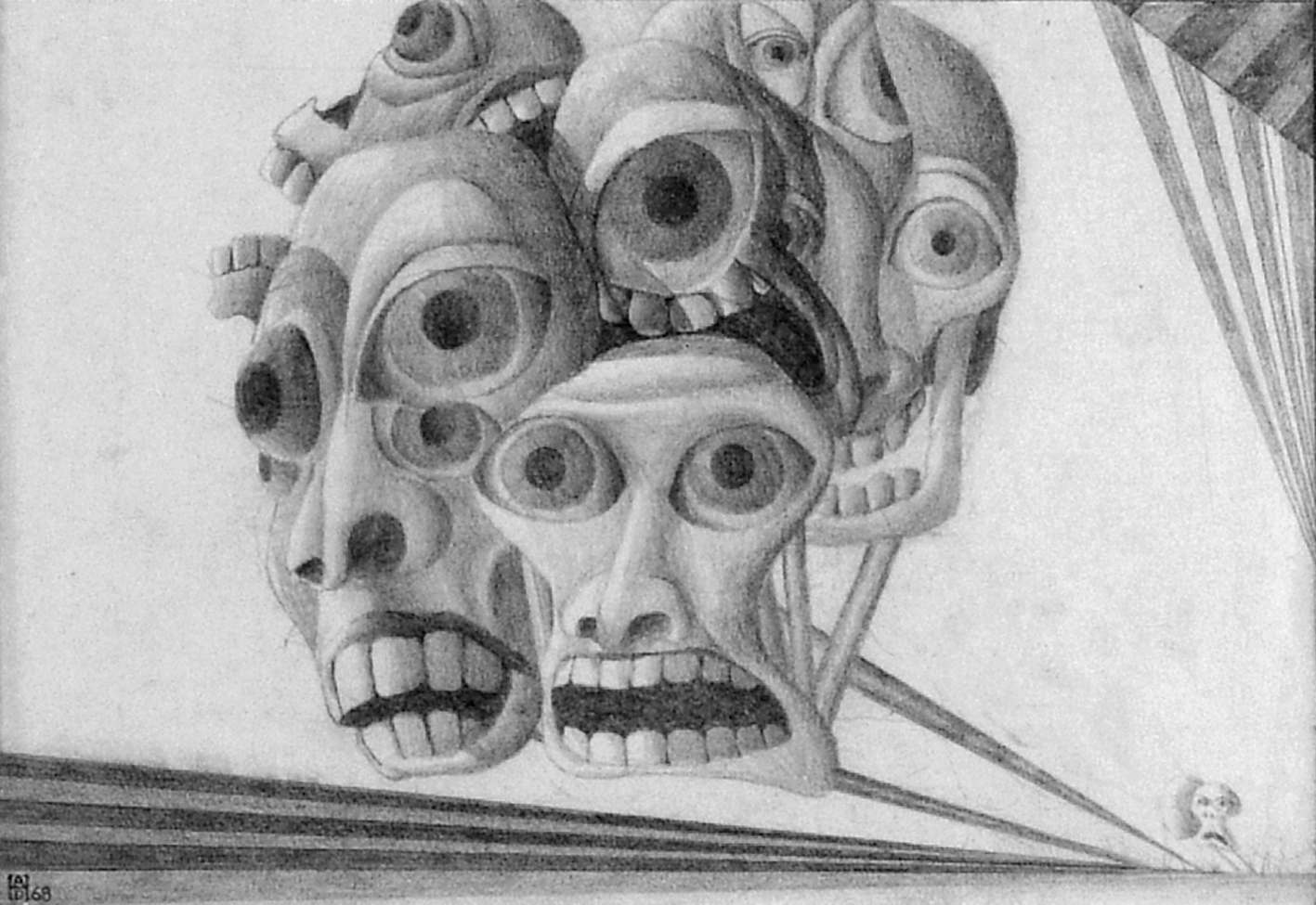 Adolph Denis Horn (f. 1933, Oslo) Masker og søster, 1968 blyant. Gave fra Norsk kulturråd.