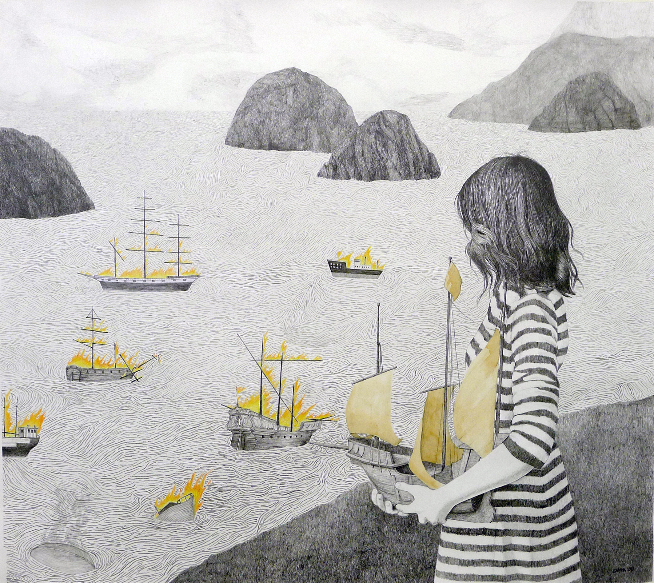 Susanna Kajermo: Brennende skip, 2019, blyant, fargeblyant og kaffe på papir, 82 x 95 cm