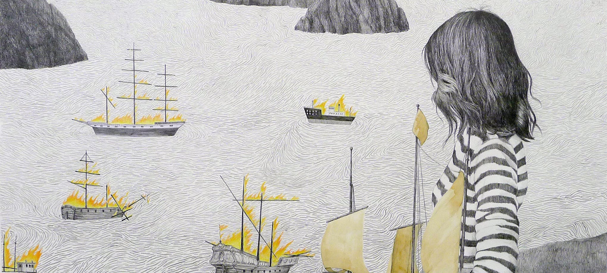 Susanna Kajermo: Brennende skip, 2019, blyant, fargeblyant og kaffe på papir, 82 x 95 cm