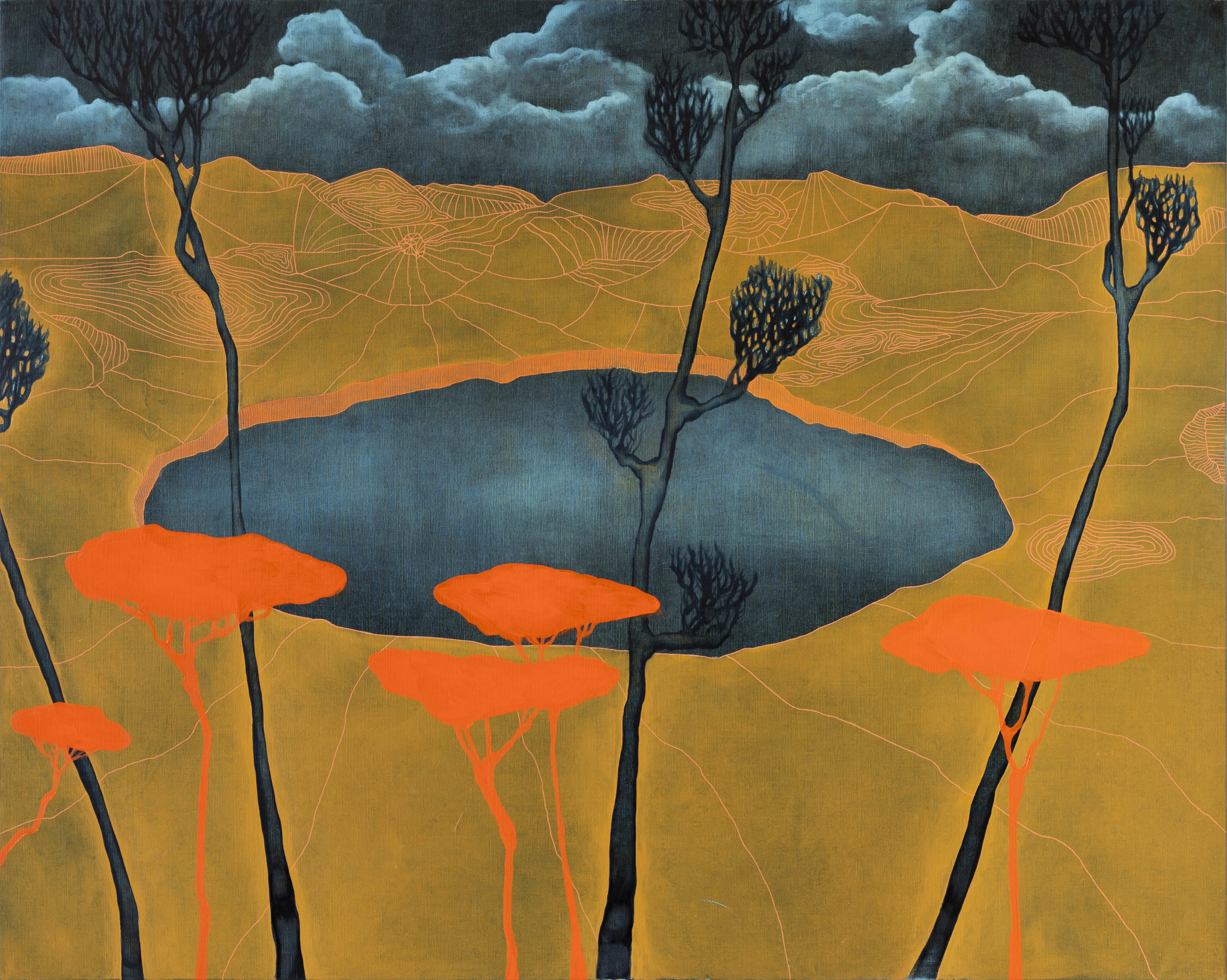 Line S. Hvoslef: Oasi, 2022, akryl, olje og tusj på lerret, 160 x 200 cm