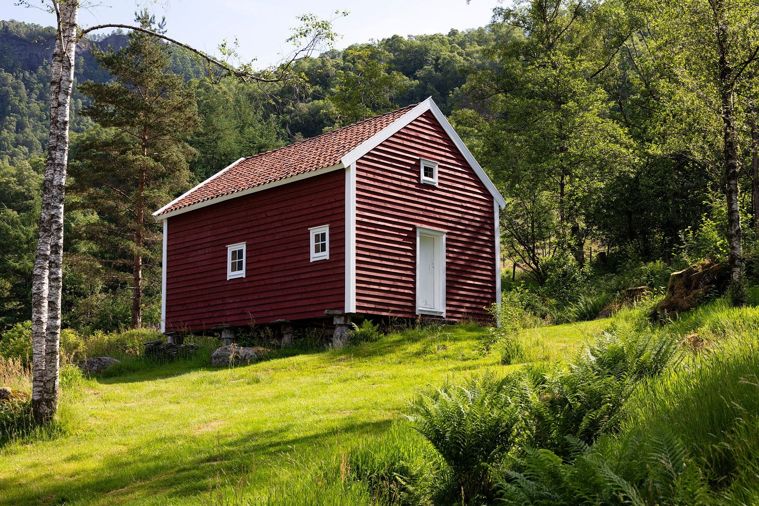 Stabburet på Vikedal bygemuseum er nymalt med komposisjonsmaling. Rød komposisjonsmaling på vegger, hvit linoljemaling på dører og lister.