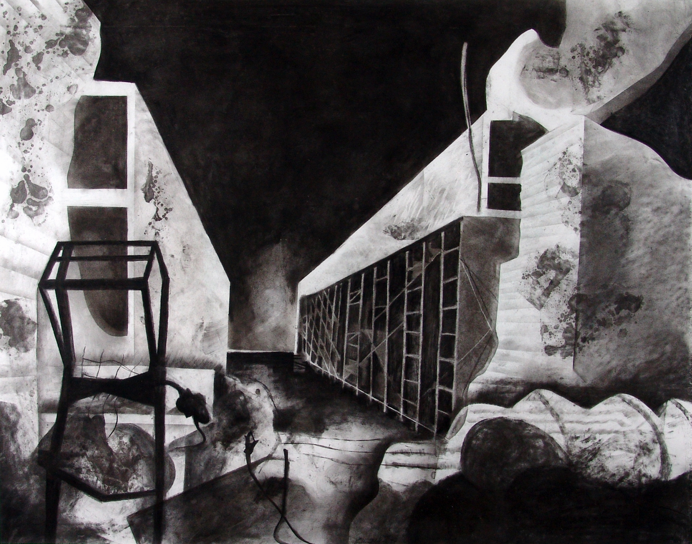 Håkon Bleken: "Forlatt by", del 2, kulltegning, 94 x 114 cm